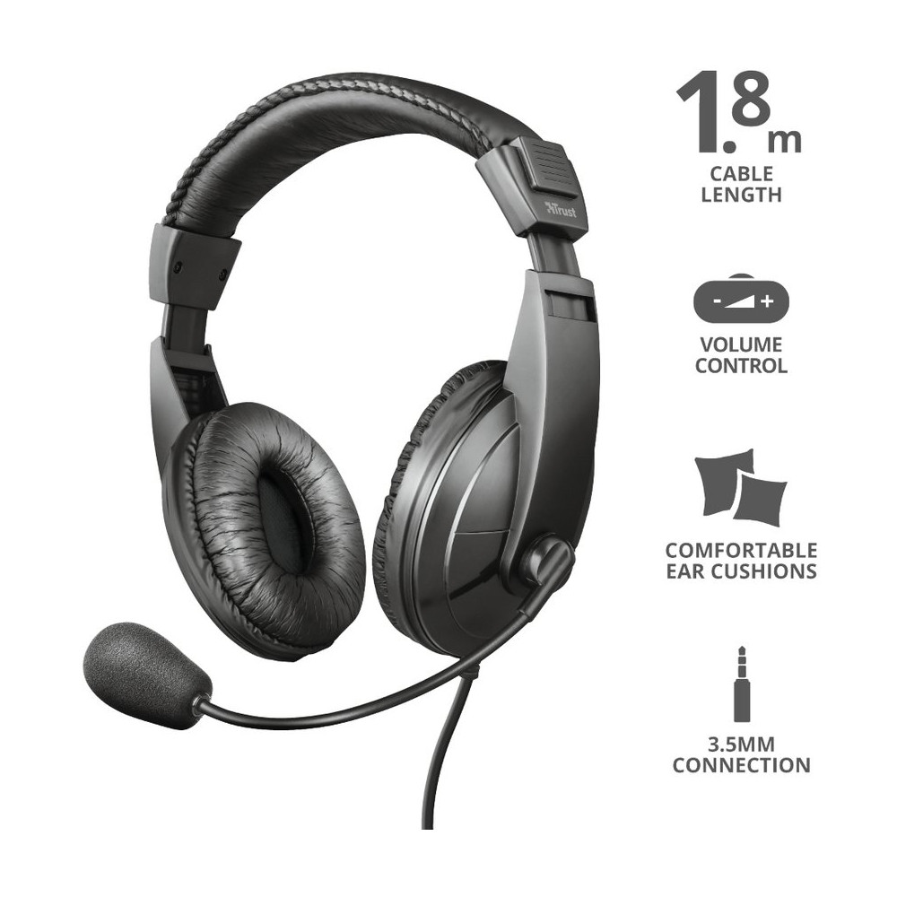 HEADSET TRUST QUASAR NEGRO 3.5MM + ADAPT + VOLUMEN