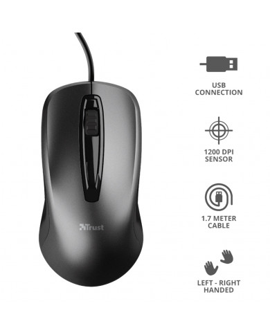 MOUSE TRUST CARVE USB 1200DPI NEGRO AMBIDIESTRO