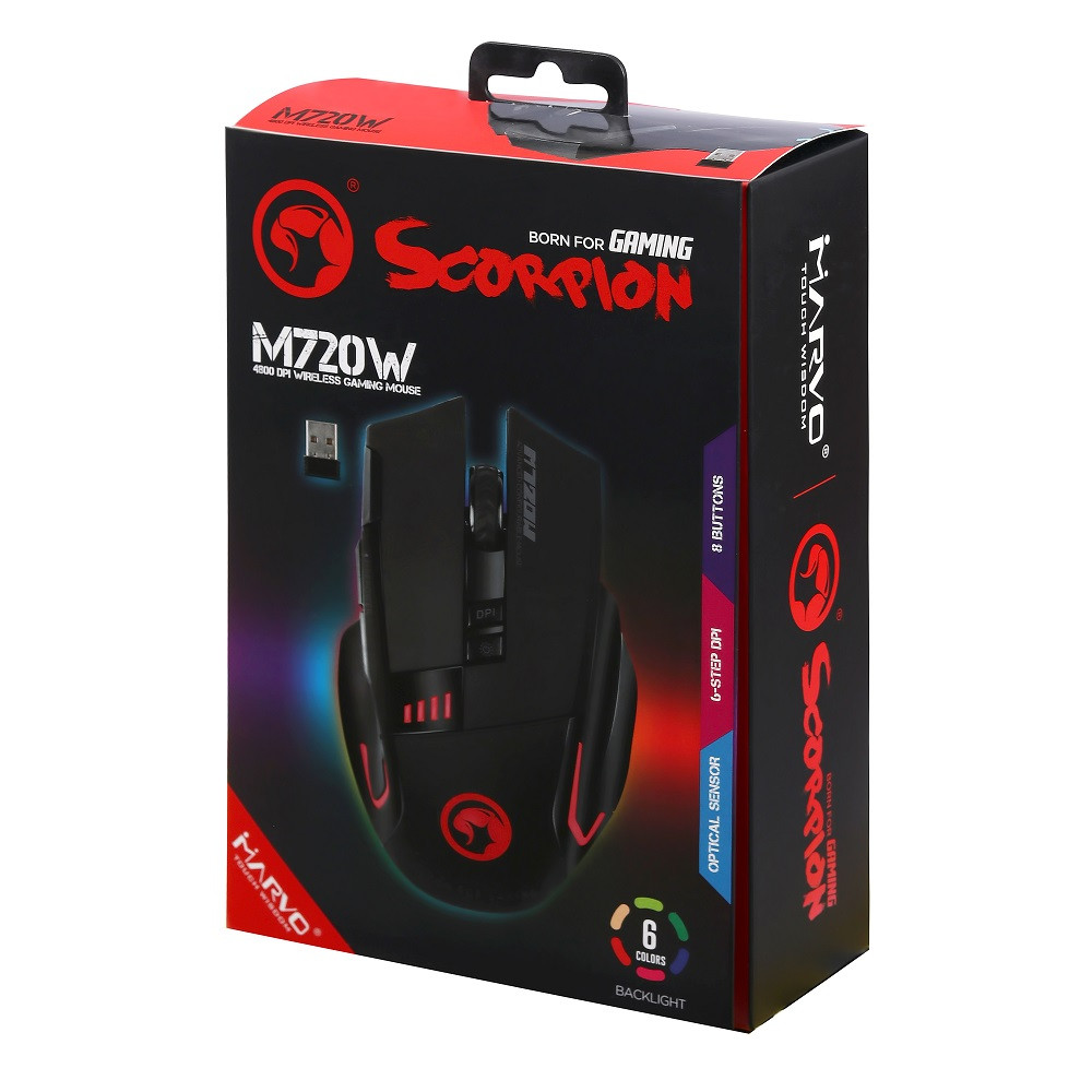 MOUSE MARVO M720W WIRELESS 4800DPI 6-COLORES