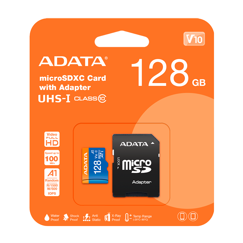MICROSD ADATA 128 GB UHS-I CLASE 10 AZUL/NARANJA FHD 100MB/S A1_RANDOM / AUSDX128GUICL10A1-RA1