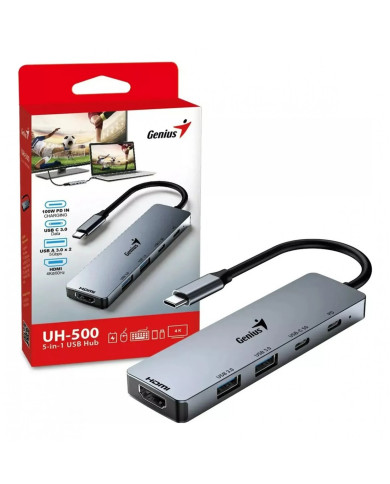 HUB GENIUS UH-500 USB TYPE-C A 2USB 3.0 / HDMI 100W PD IN 5-EN-1 GRIS / 31240003400