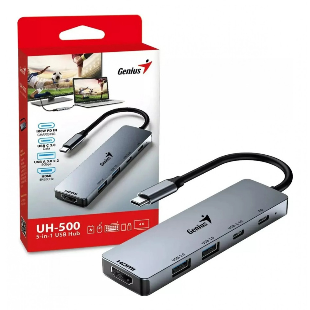 HUB GENIUS UH-500 USB TYPE-C A 2USB 3.0 / HDMI 100W PD IN 5-EN-1 GRIS / 31240003400