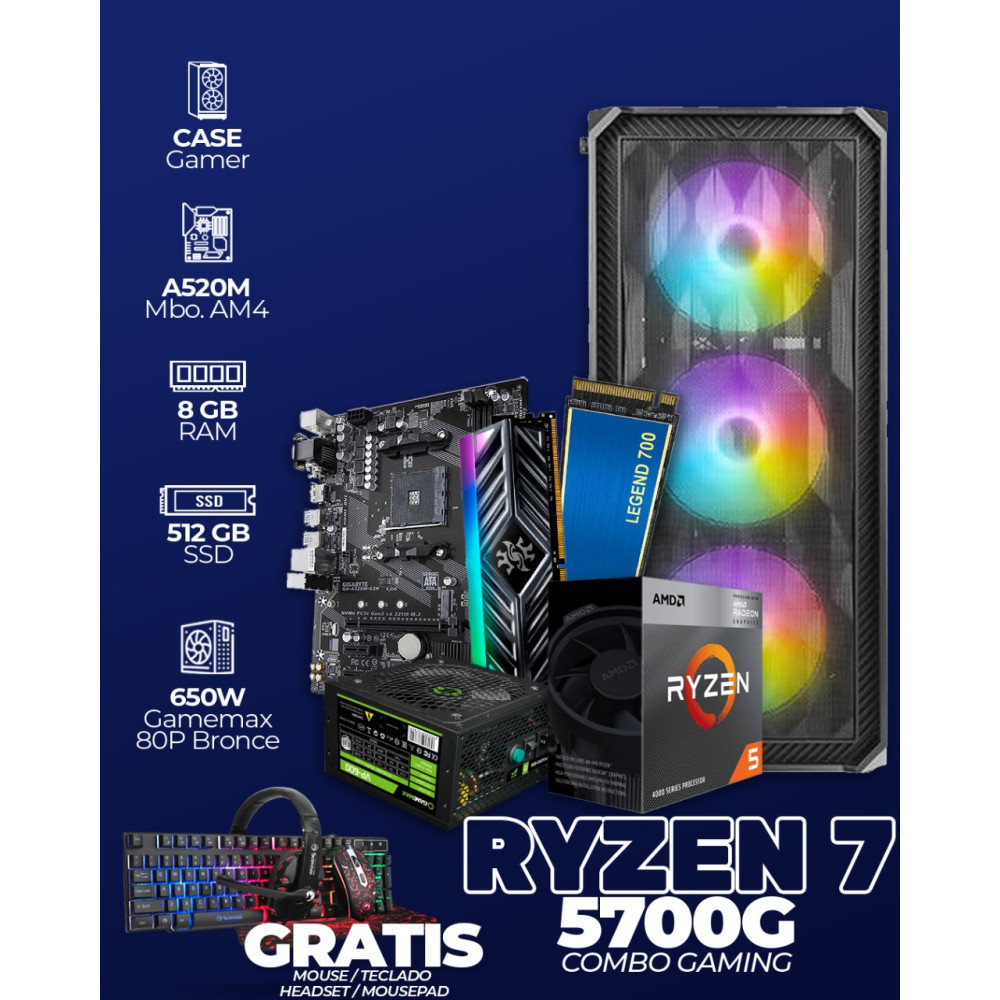 COMBO CPU GAMER RYZEN 7 5700G / 8GB RAM / 512GB SSD / 600W