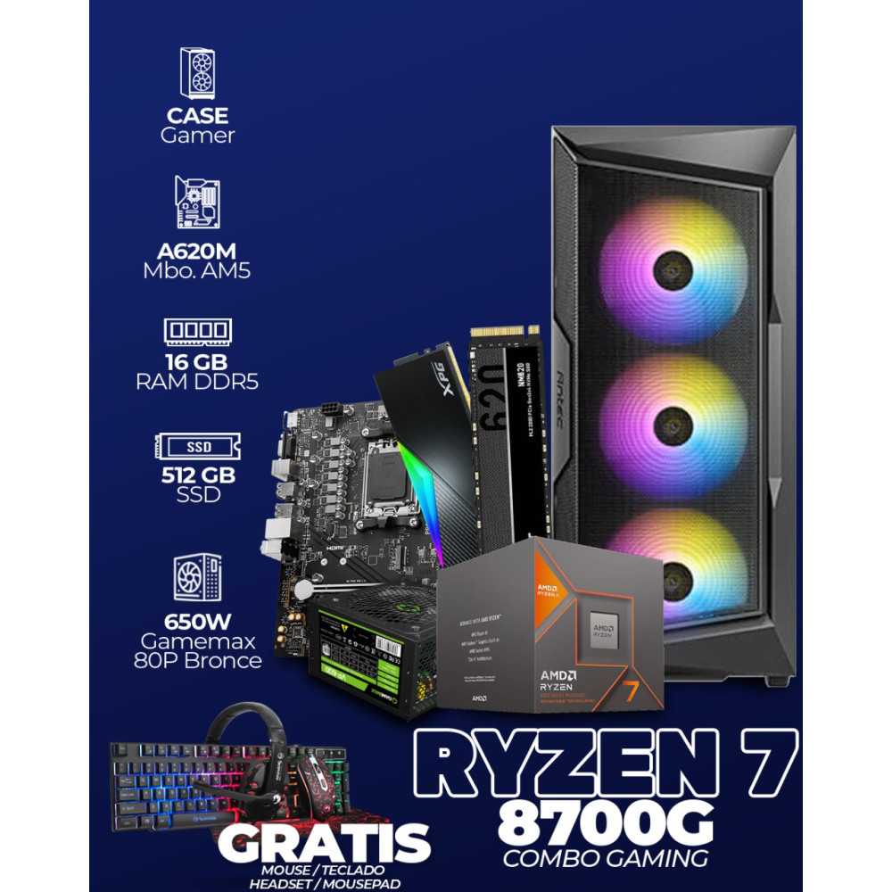 COMBO CPU GAMER RYZEN 7 8700G / 16GB RAM / 512GB SSD / 650W