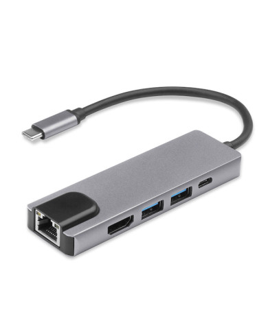 HUB USB 5-EN-1 TYPEC A 2USB3.0 + ETHERNET + HDMI + TYPE-C ADAPTADOR DE RED NITRON