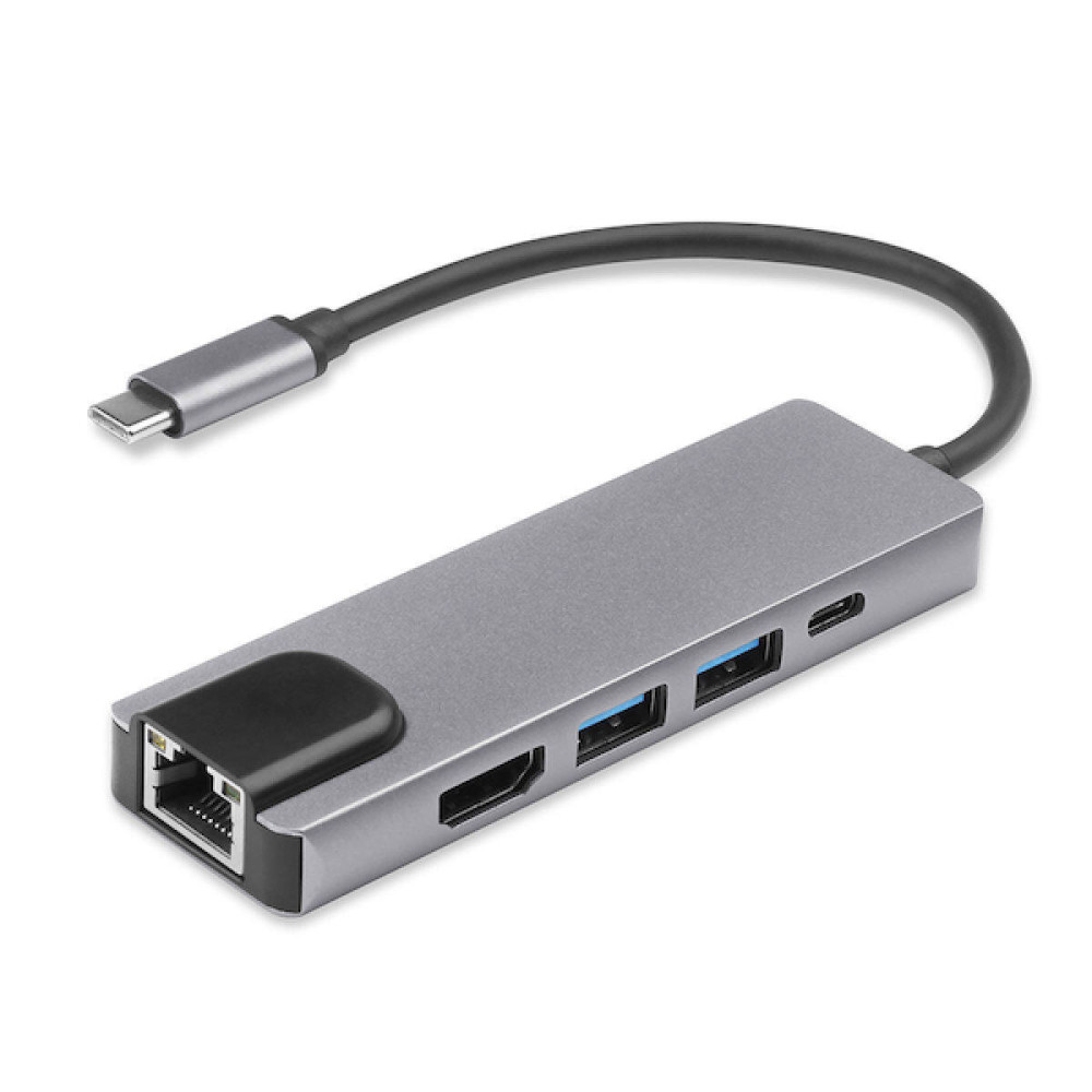 HUB USB 5-EN-1 TYPEC A 2USB3.0 + ETHERNET + HDMI + TYPE-C ADAPTADOR DE RED NITRON