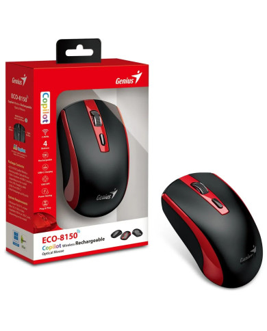 MOUSE INALAMBRICO RECARGABLE ROJO GENIUS ECO-8150 WIRELESS 4BOTONES 1200DPU