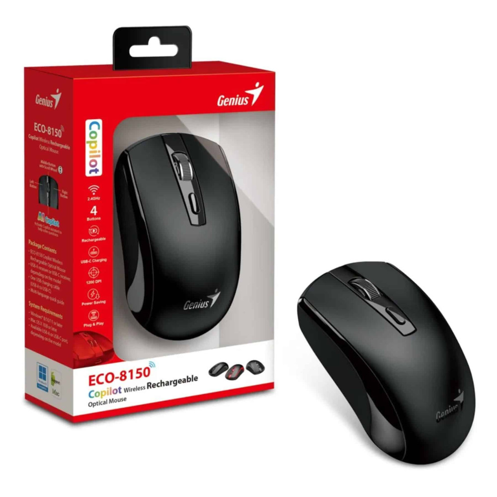 MOUSE INALAMBRICO RECARGABLE NEGRO GENIUS ECO-8150 WIRELESS NEGRO 4BOTONES 1200DPU