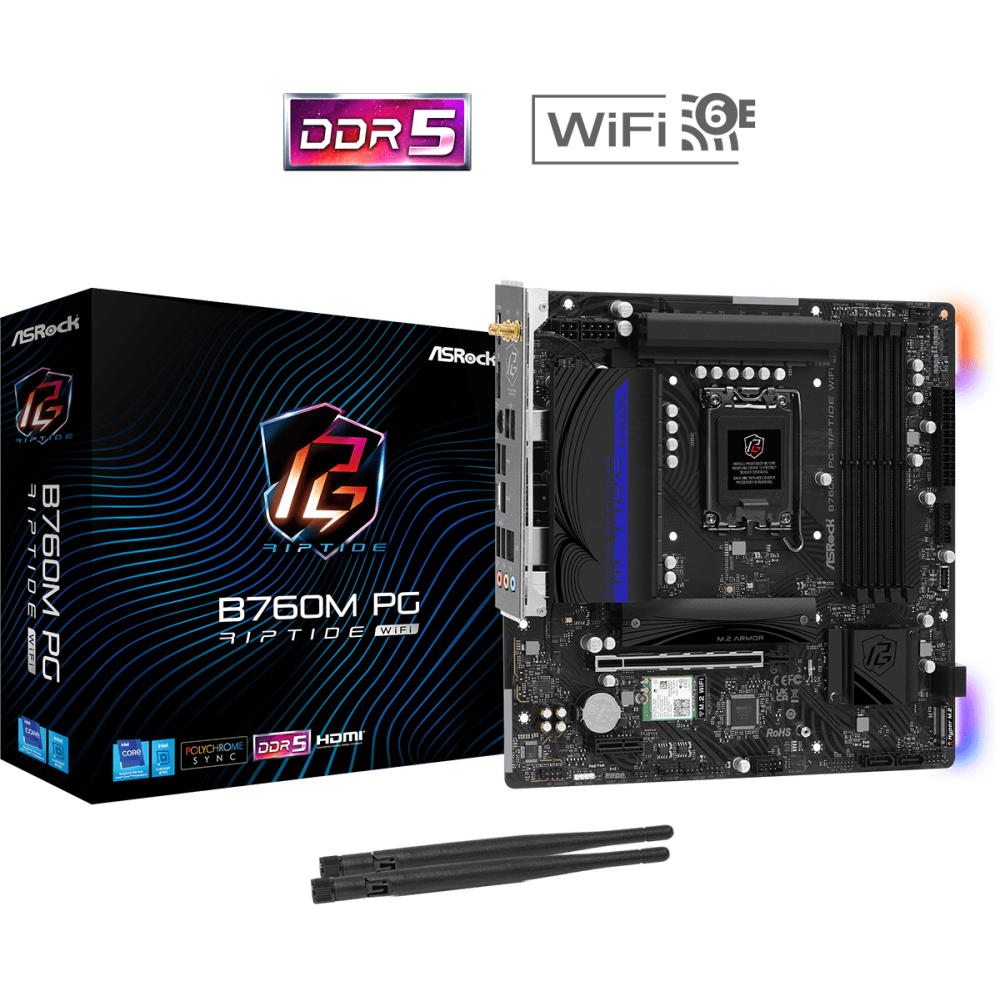 MAINBOARD GAMER B760M ASROCK PG RIPTIDE / LGA 1700 / WIFI 6E / BT 5.3 / DDR5 / PCLE 4 / MICRO ATX
