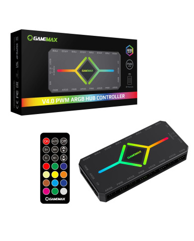 HUB GAMEMAX ARGB CONTROLADOR NEGRO V4.0 PWM 5V SYNC REMOTE CONTROL MAGNETICO