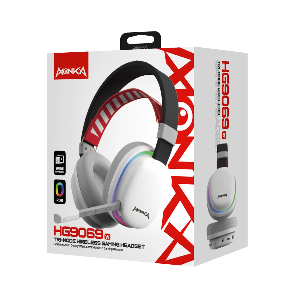 HEADSET MONKA ECHO HG9069W BLANCO RGB WIRELESS 3MODOS 40MM 2,4G+BT5,0+USB STEREO / HP9011