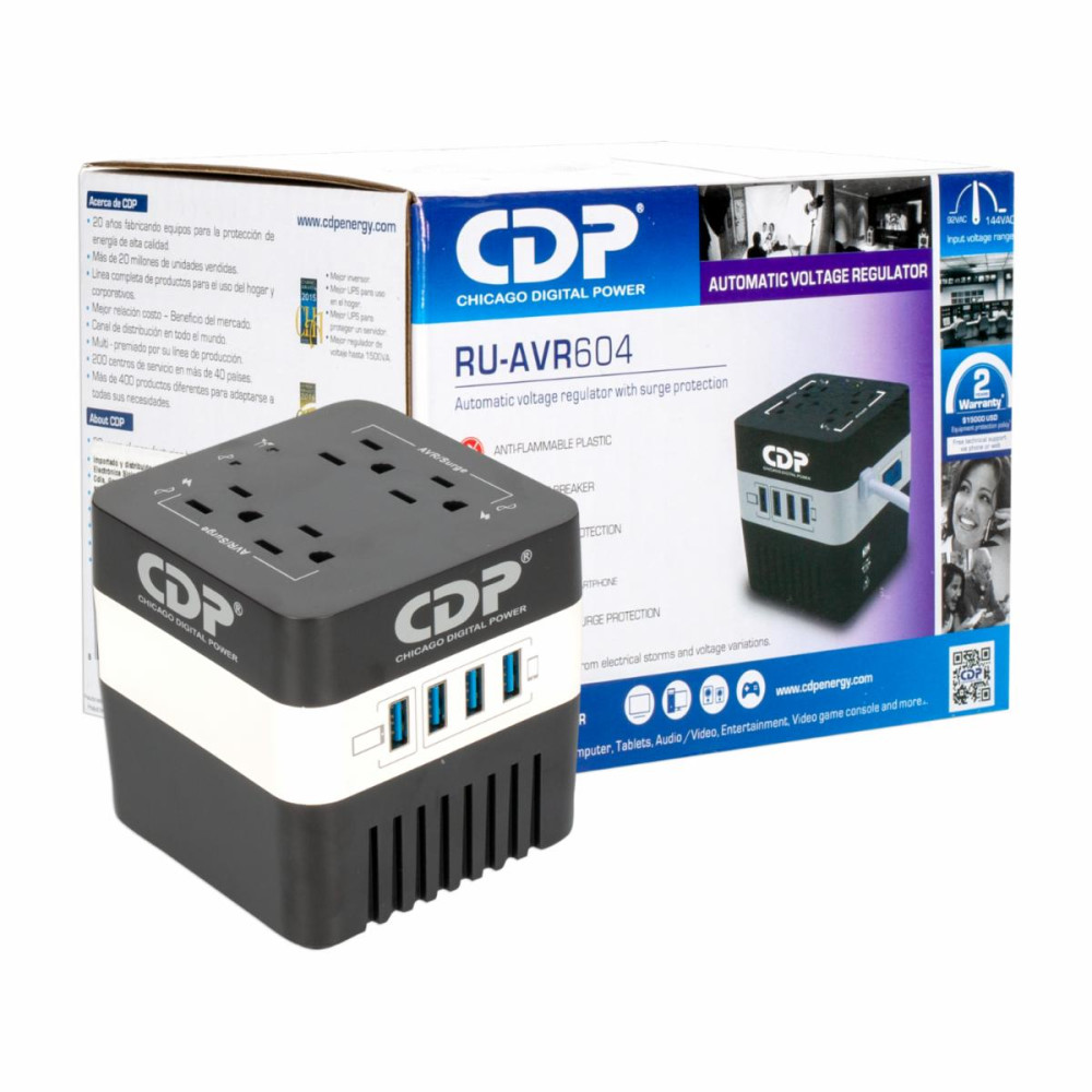 REGULADOR DE VOLTAGE CDP RU-AVR 604 + SUPRESOR DE PICOS + 4 TOMAS + 4USB