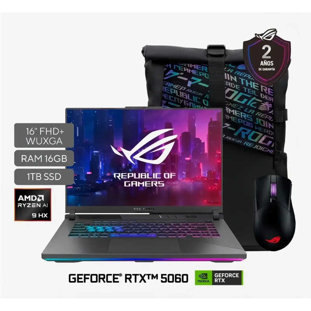 LAPTOP GAMER ASUS ROG STRIX G16 G614PM-RV039 / AMD RYZEN 9-8940HX / 16GB RAM / 1TB SSD / GRAFICA RTX5060 8G /16" FHD