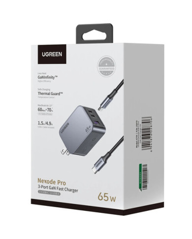 CARGADOR RAPIDO UGREEN NEXODE PRO X755 25870 65W 3-PUERTOS CON CABLE / 08-03-100