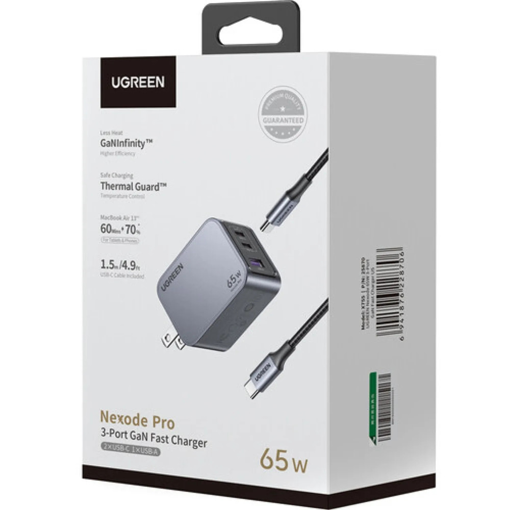 CARGADOR RAPIDO UGREEN NEXODE PRO X755 25870 65W 3-PUERTOS CON CABLE / 08-03-100