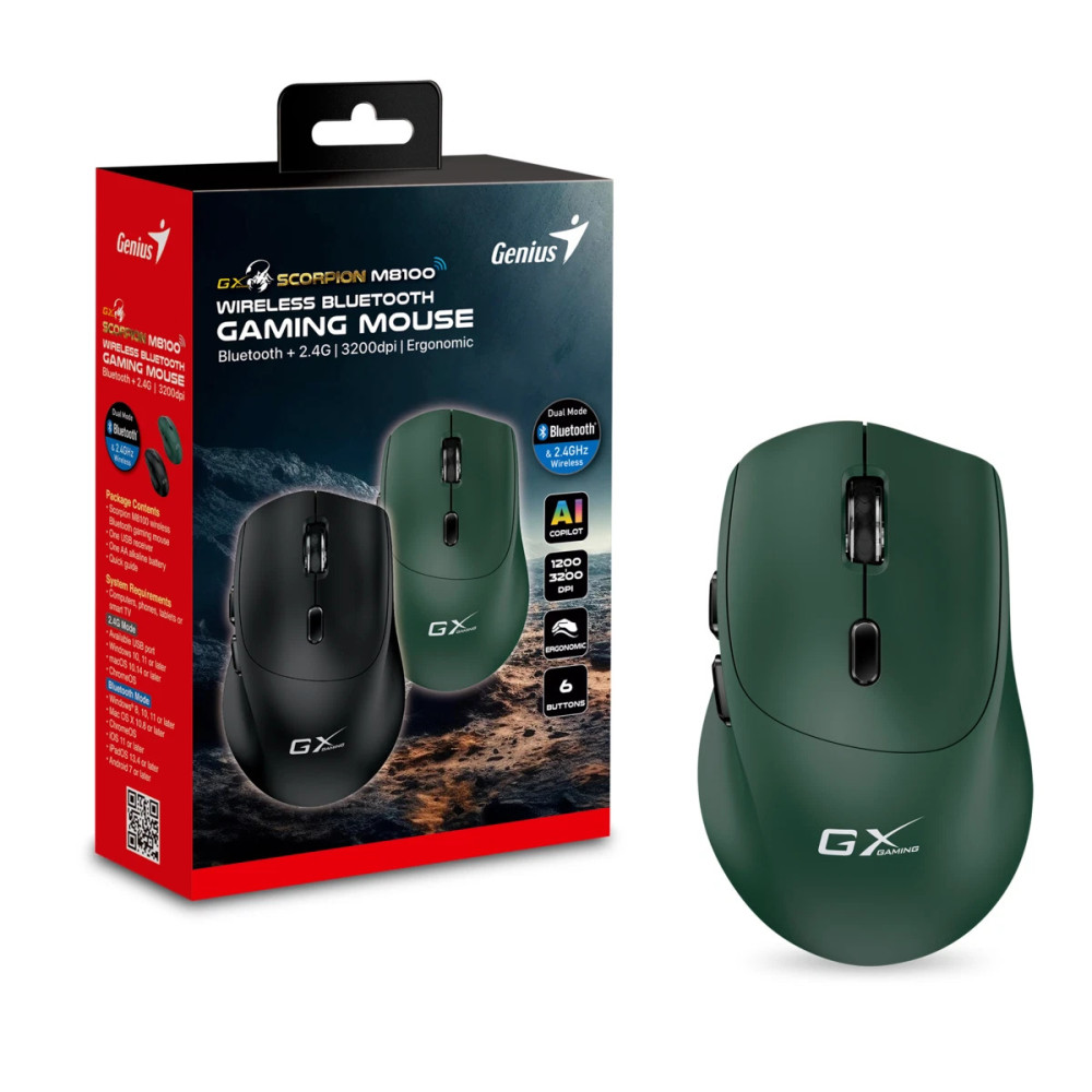MOUSE GAMER GENIUS M8100 WIRELESS SCORPION ARMY GREEN 2.4GHZ BT/6 BOTONES/DPI 1200-3200/AI COPILOT