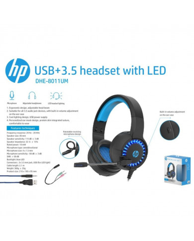 HEADSET HP DHE-8011UM USB+3.5 mm LED AZUL ONEAR